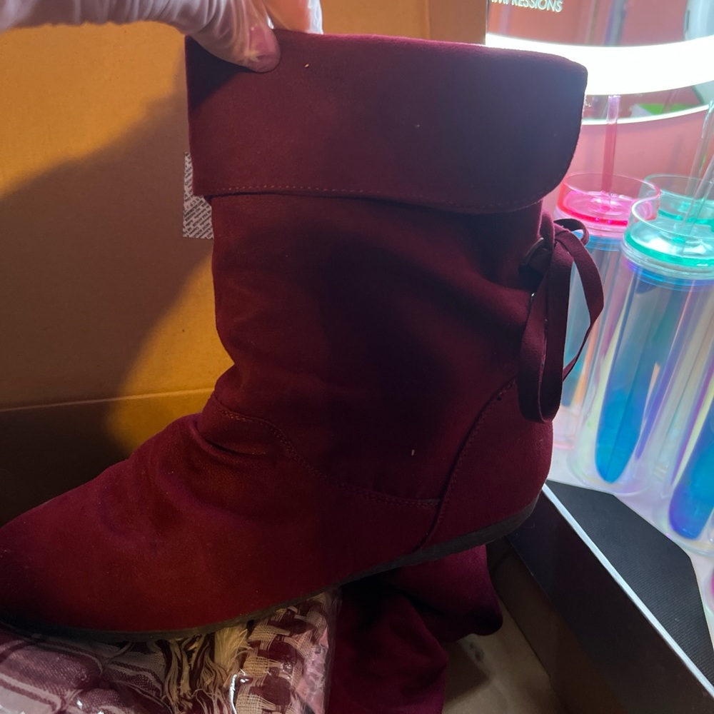 Cato Burgundy Ankle Boots with Ribbon Accent